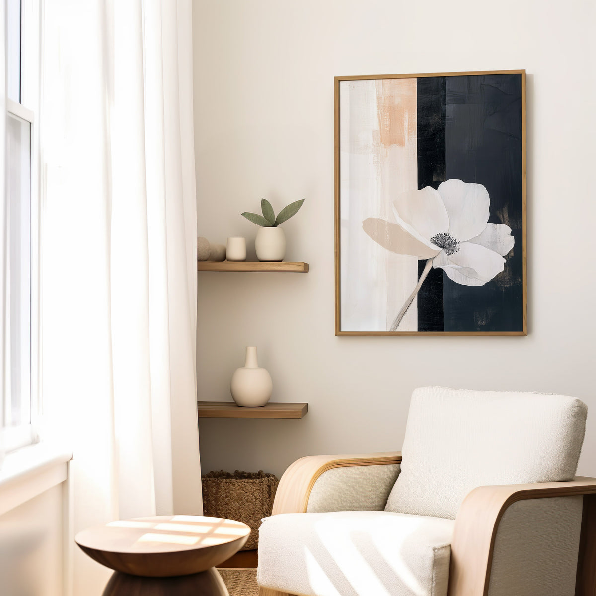 White flower on black and cream panels abstract print in a slim oak frame above a cream boucle armchair by floating shelves