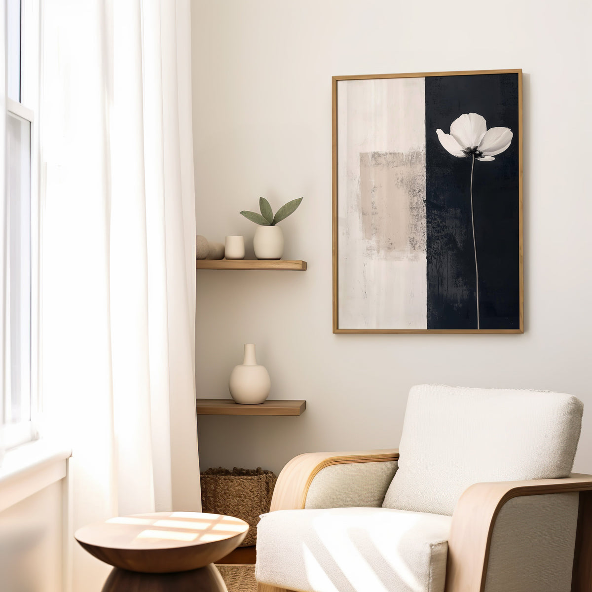 White flower on black and white split panel print in a slim oak frame above a cream boucle armchair by floating shelves