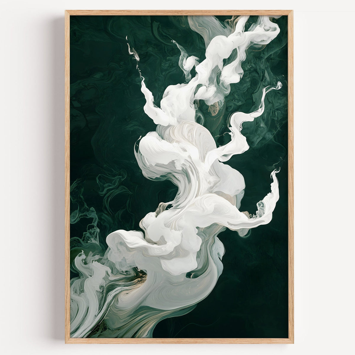White smoke on dark green swirl fluid abstract print in a light oak frame on a plain white wall