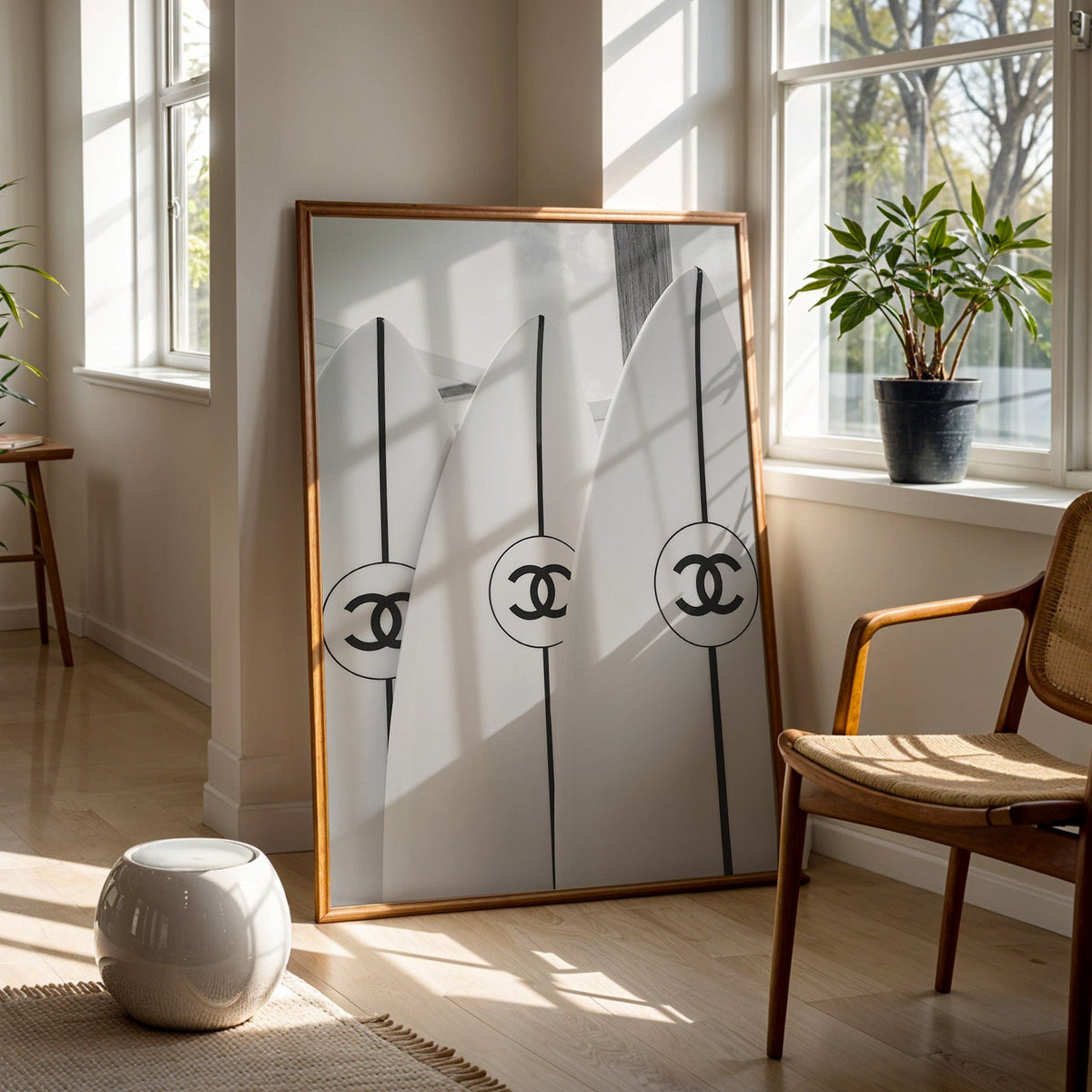 Three white surfboards with black stripes print in a walnut frame on a wood floor beside a cane chair and sunny window