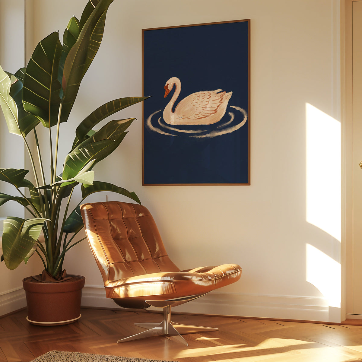 Elegant swan print in a slim walnut frame above a tan leather lounge chair