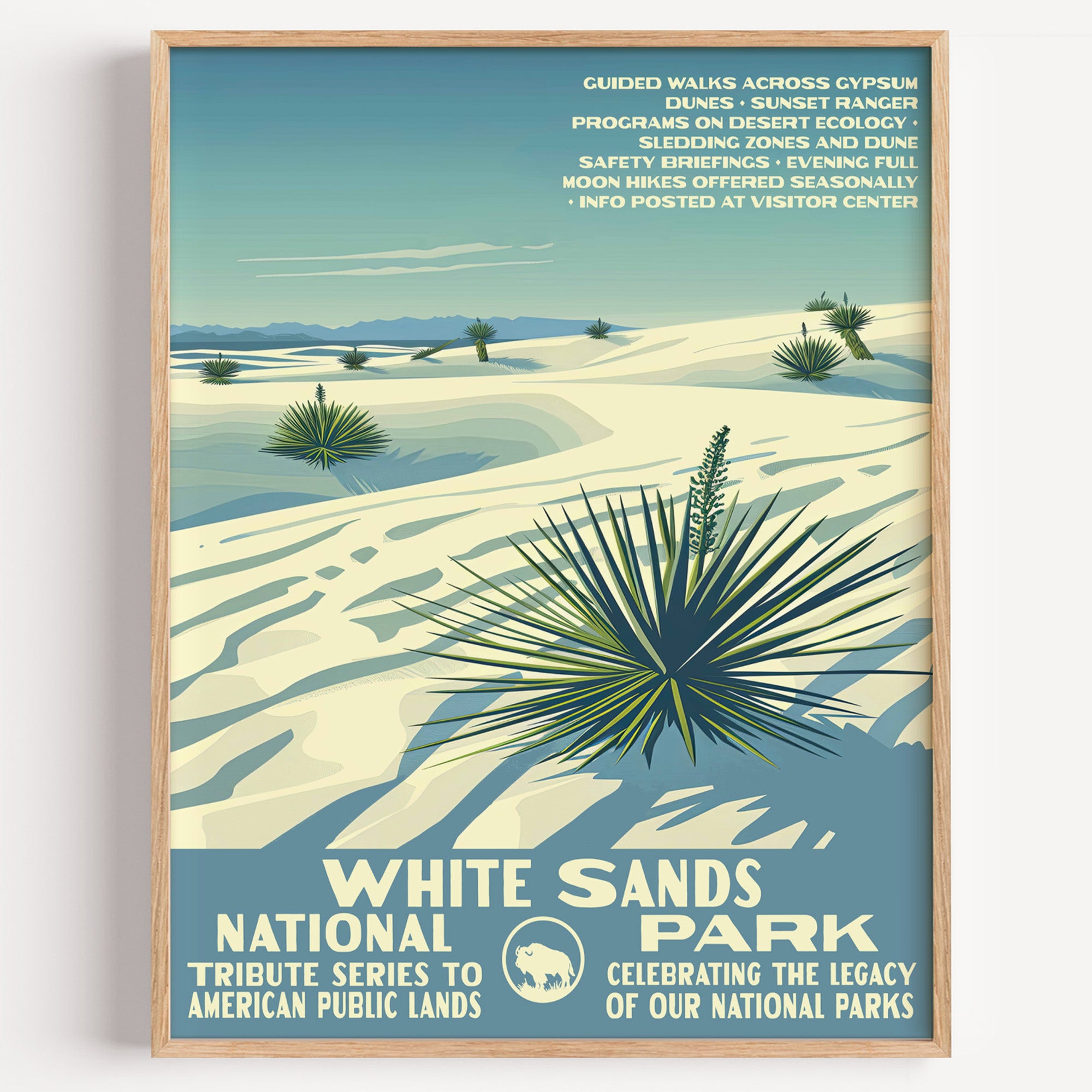 White Sands National Park wall art print in a thin wood frame, a yucca standing on rippled white gypsum dunes