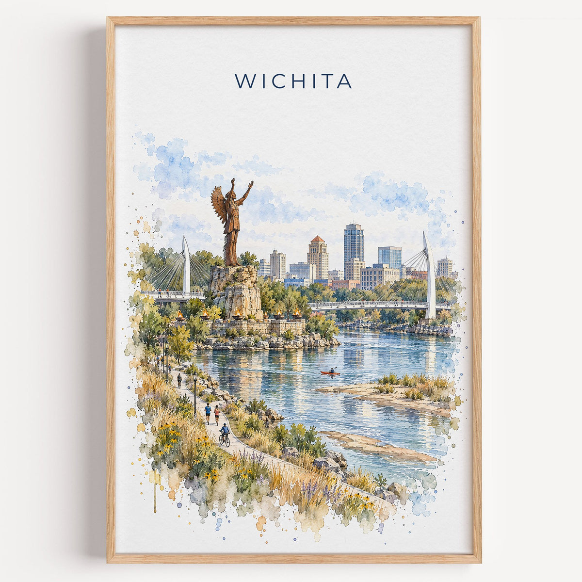 Wichita watercolor print in a light oak frame on a plain white wall
