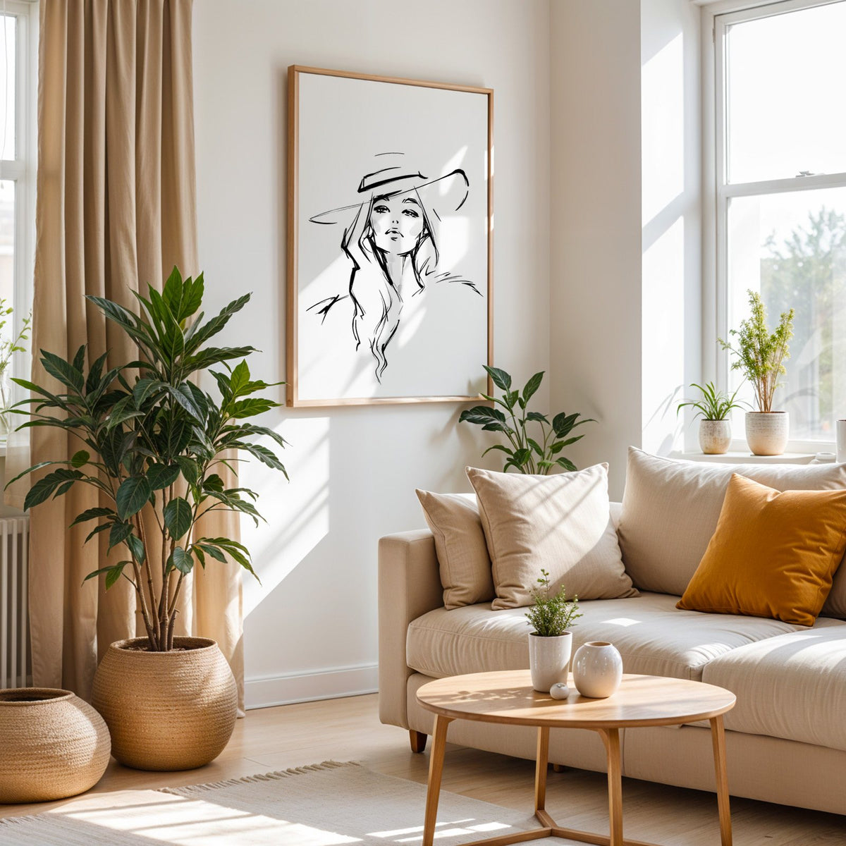 Line sketch of woman in wide brim hat print in an oak frame above a cream sofa beside woven planters