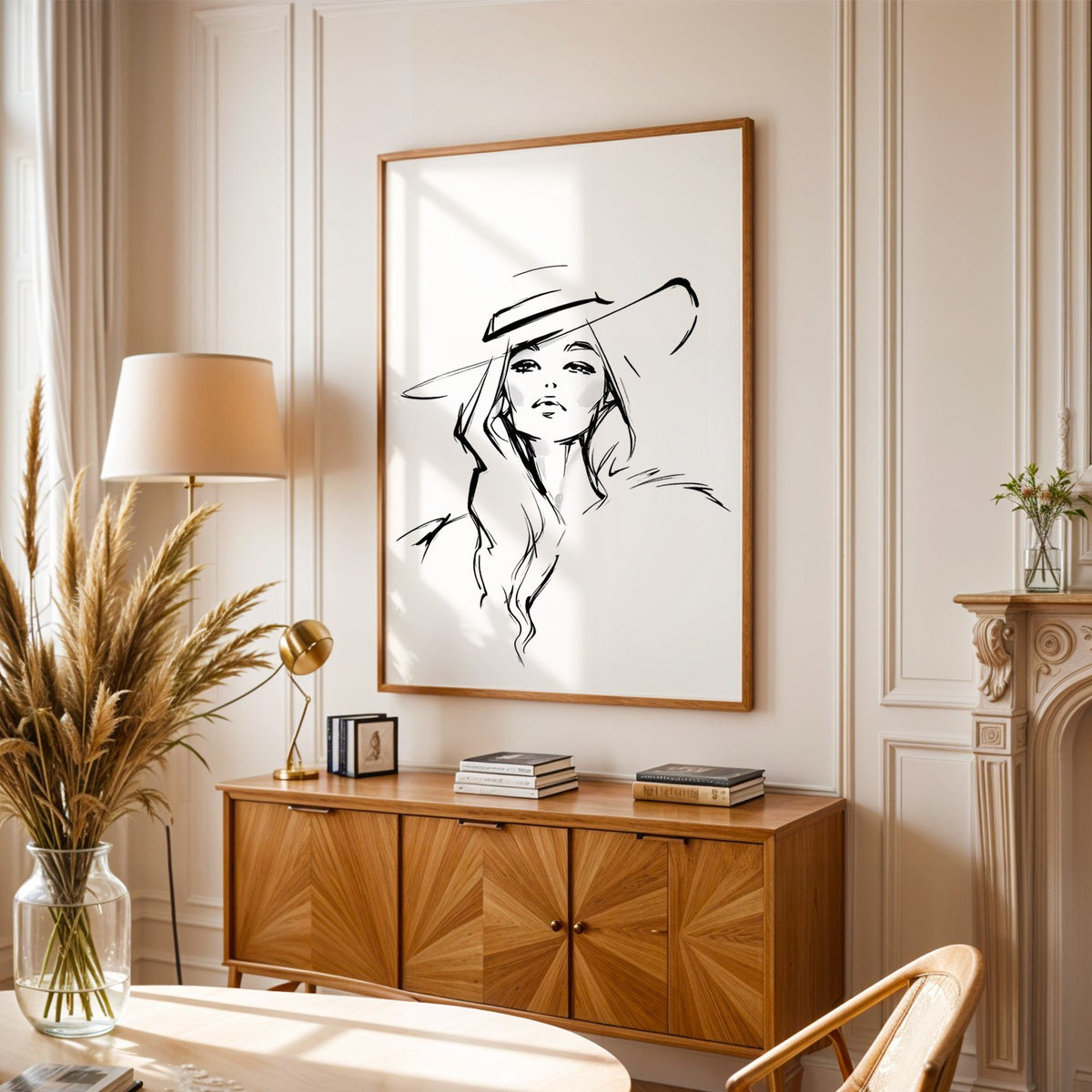 Line sketch of woman in wide brim hat print in an oak frame above a sunburst wood sideboard with pampas grass