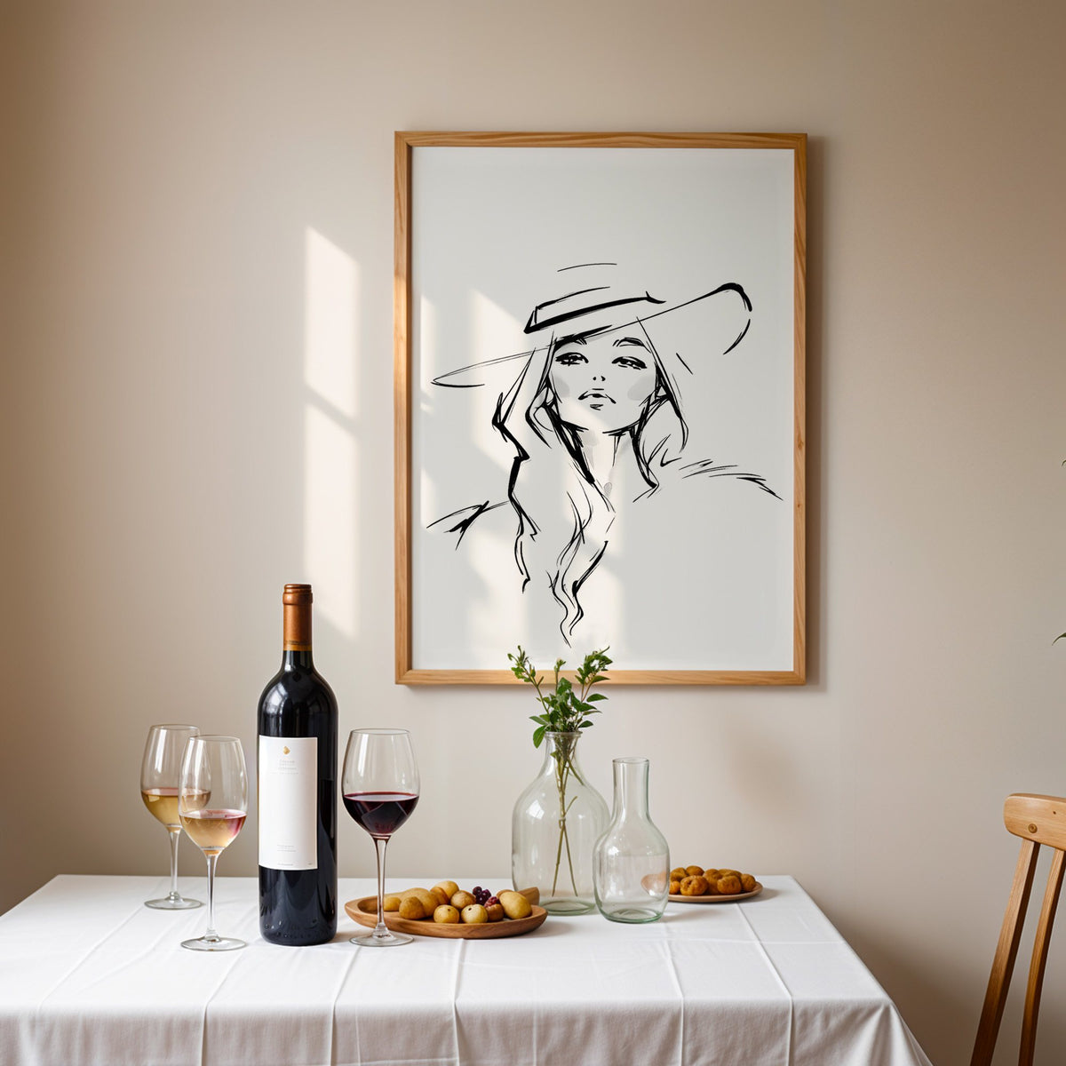 Line sketch of woman in wide brim hat print in an oak frame above a table set with red wine and glasses