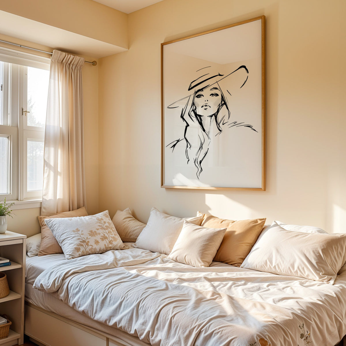 Line sketch of woman in wide brim hat print in an oak frame above a cream daybed in a sunny bedroom