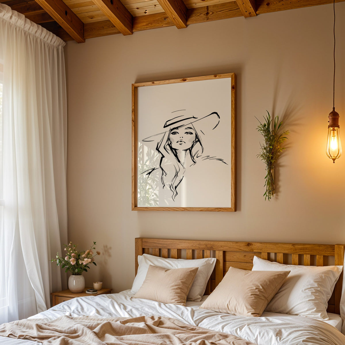 Line sketch of woman in wide brim hat print in a pine frame above a wood headboard bed under a pendant bulb