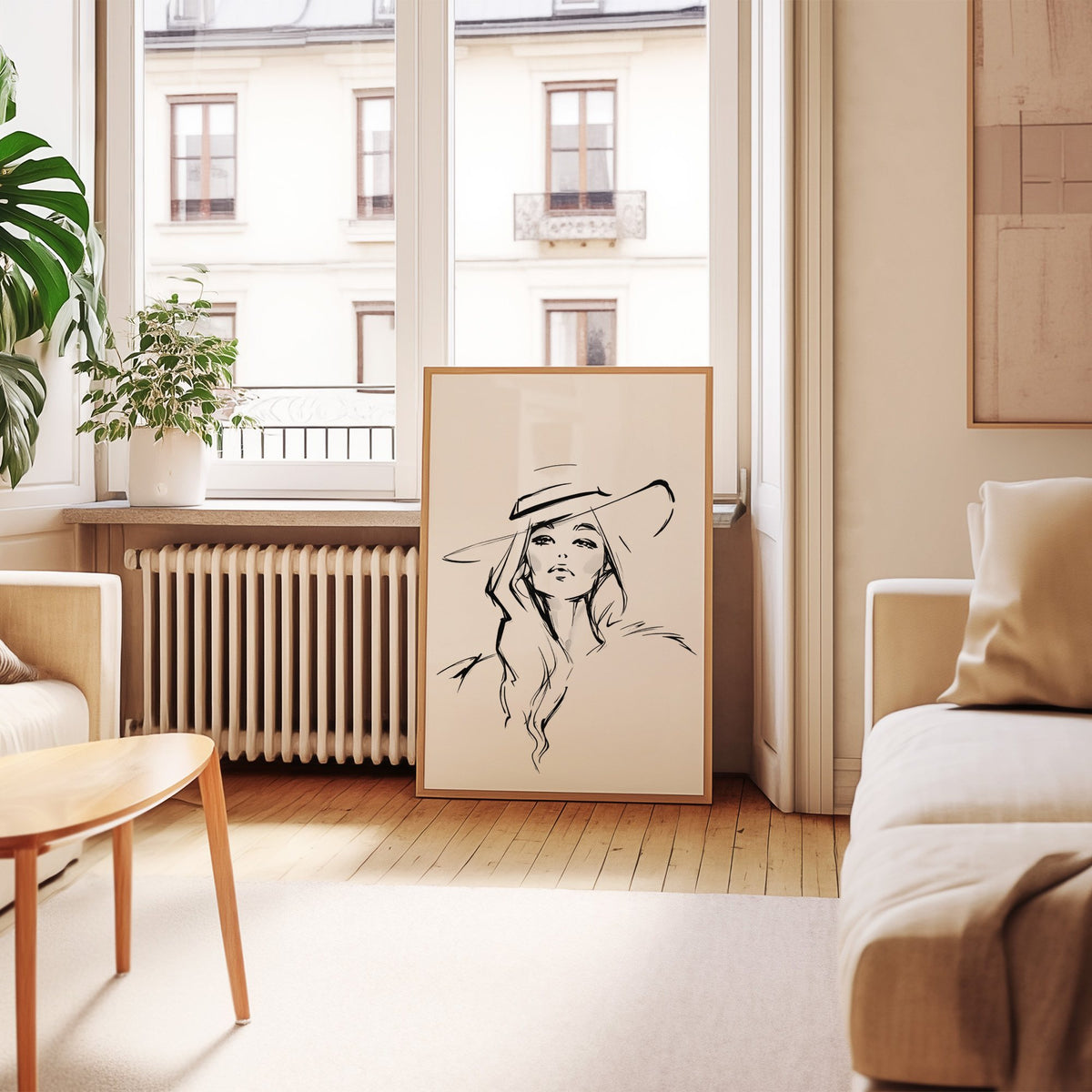 Line sketch of woman in wide brim hat print in an oak frame leaning by a French window in a living room