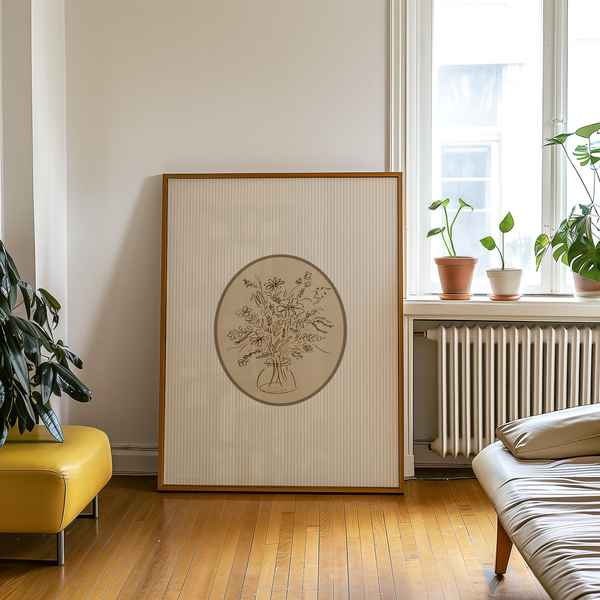 Wildflower bouquet print in an oak frame on a parquet floor beside a yellow bench