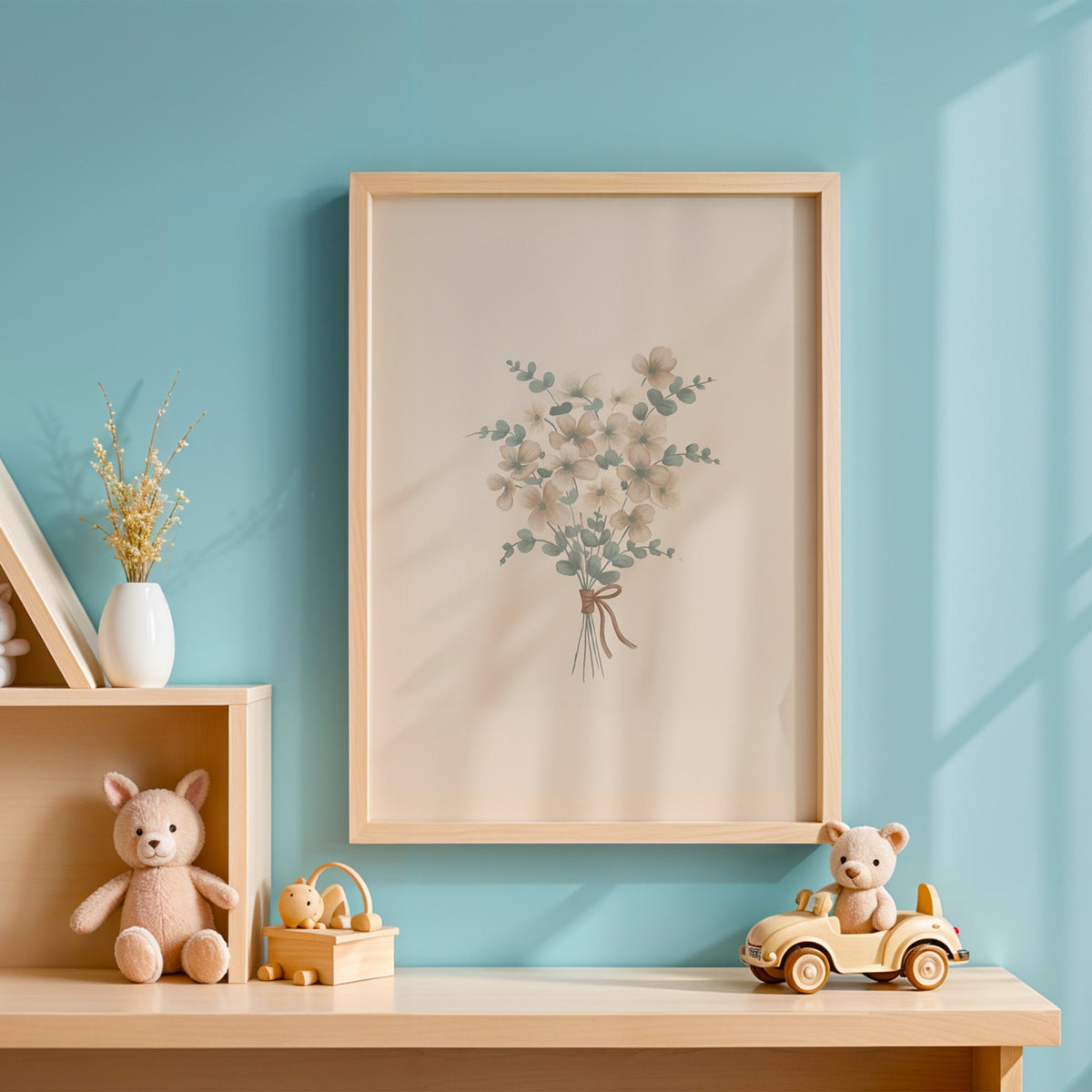 Wildflower and eucalyptus bouquet with bow nursery print in an oak frame on a blue wall above a shelf of wooden toys