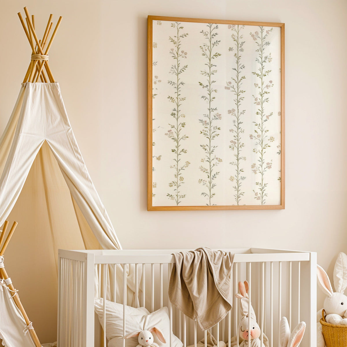 Wildflower stripe wallpaper pattern nursery print in an oak frame above a white crib beside a canvas teepee