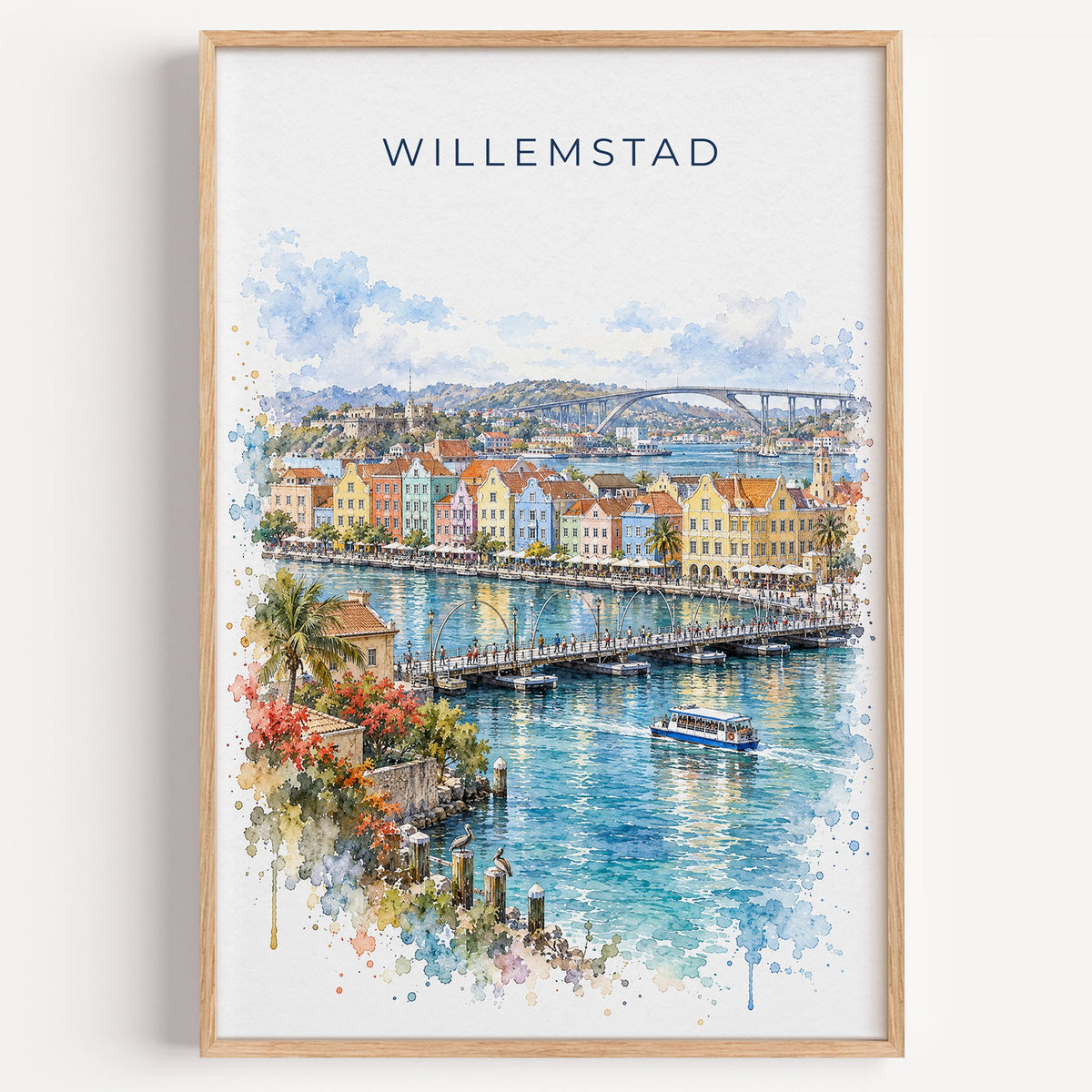 Willemstad watercolor print in a light oak frame on a plain white wall