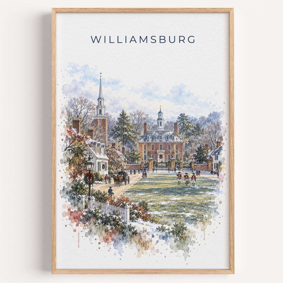 Williamsburg, Virginia watercolor print in a light oak frame on a plain white wall