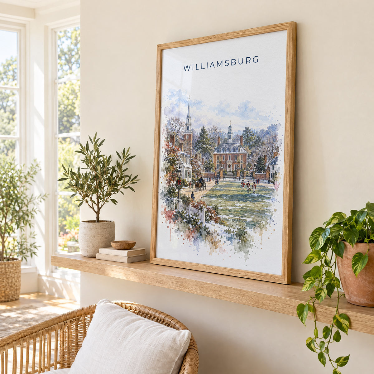 Williamsburg, Virginia watercolor print in an oak frame on a picture ledge in a sunlit sunroom