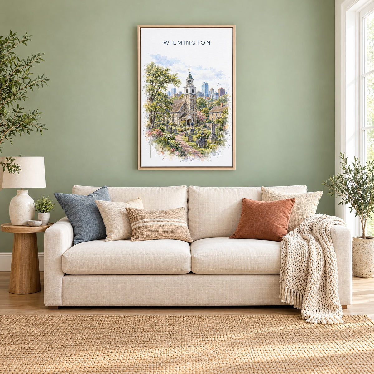 Wilmington, Delaware watercolor print as a natural floater canvas above a cream linen sofa on a sage green wall