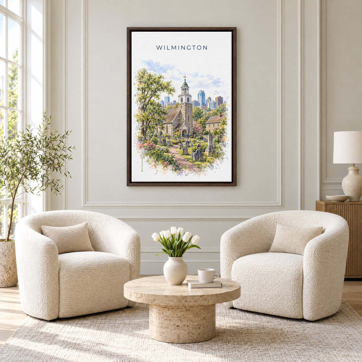 Wilmington, Delaware watercolor print as an espresso floater canvas above two boucle armchairs in a hotel lounge