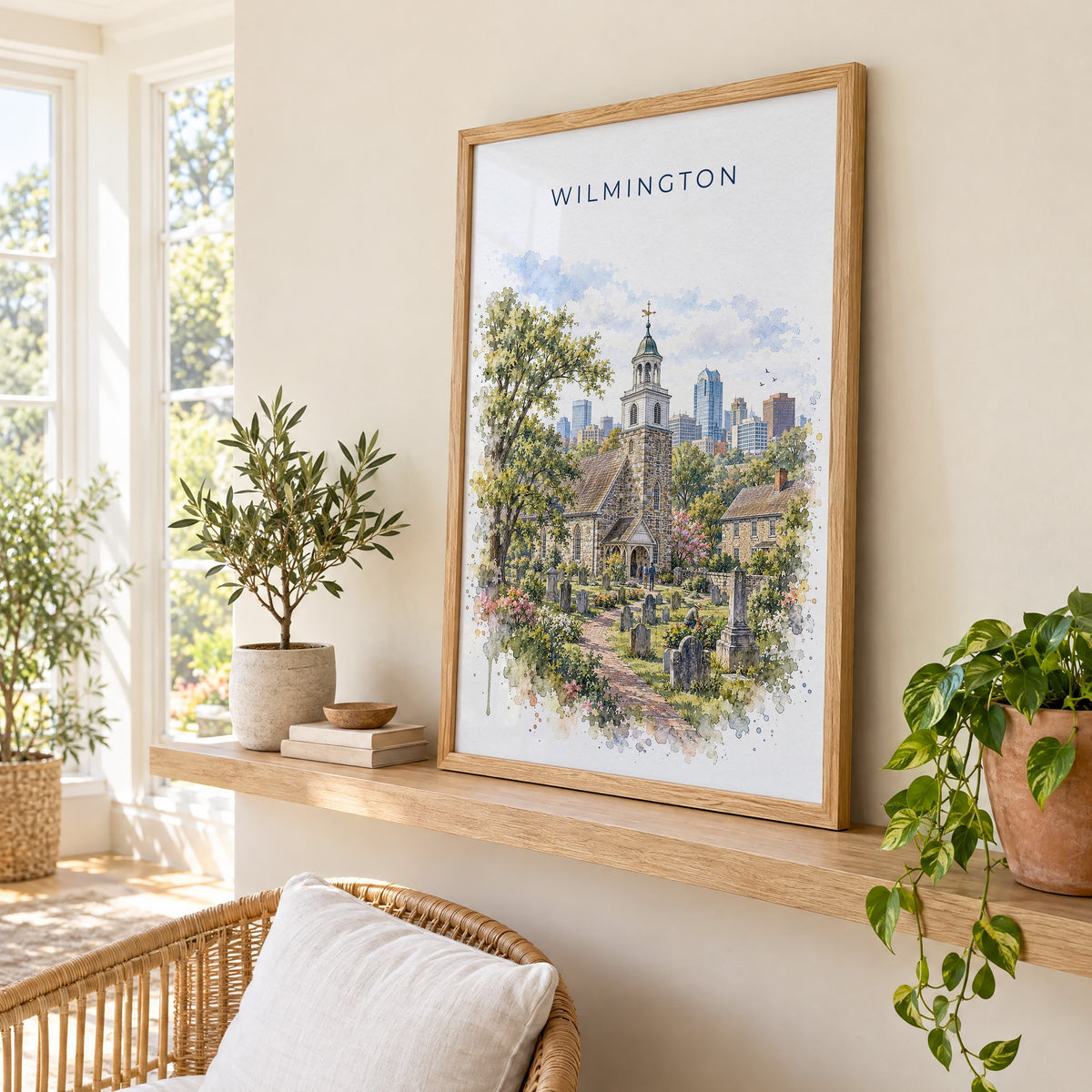 Wilmington, Delaware watercolor print in an oak frame on a picture ledge in a sunlit sunroom