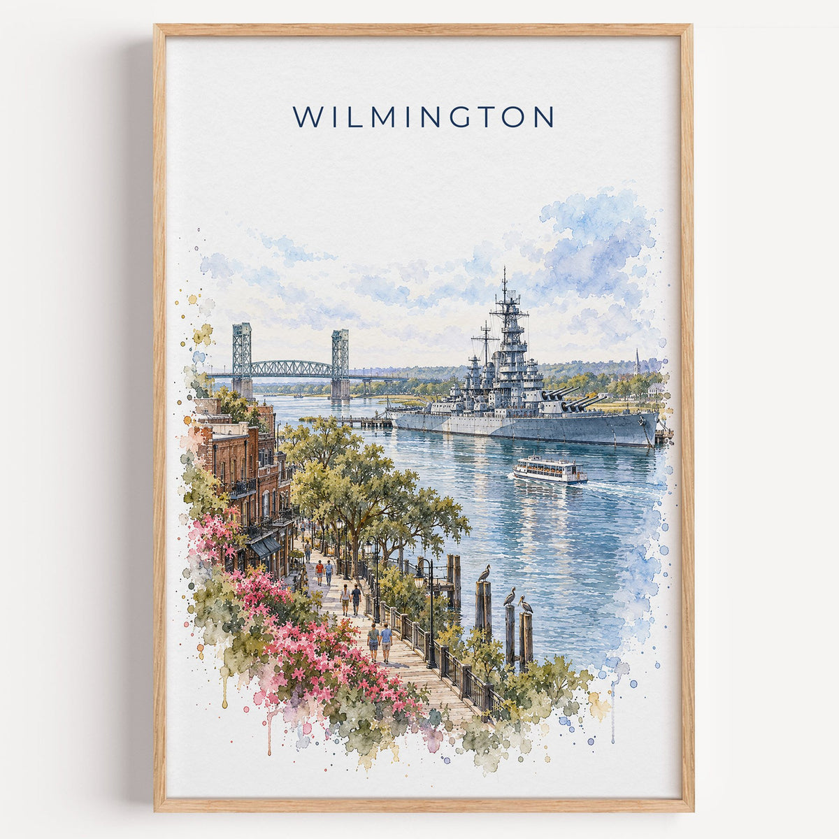 Wilmington, North Carolina watercolor print in a light oak frame on a plain white wall