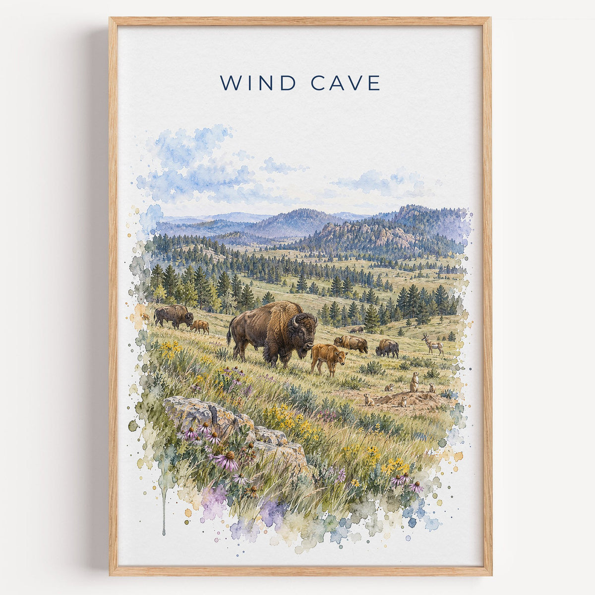 Wind Cave National Park watercolor print in a light oak frame on a plain white wall