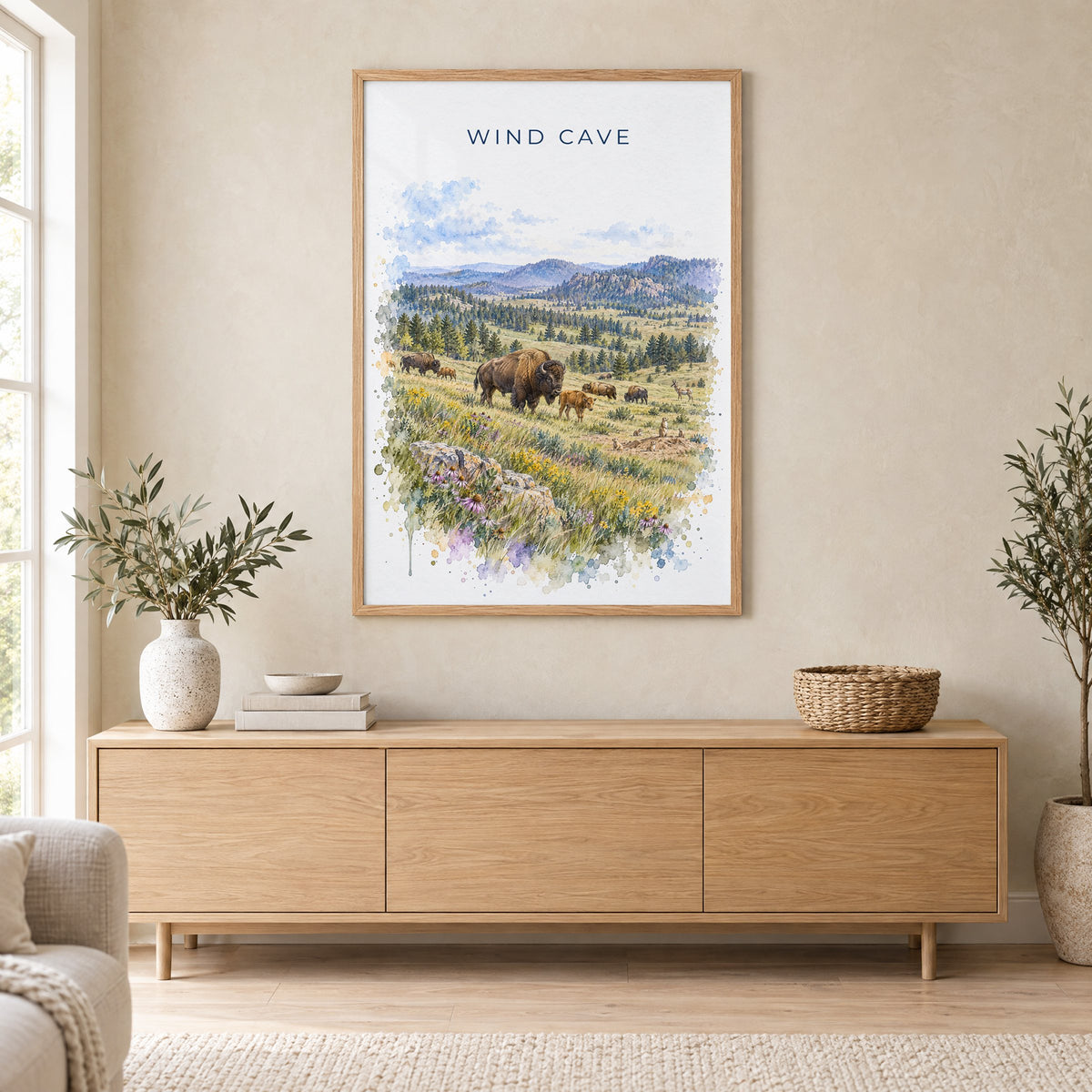 Wind Cave National Park watercolor print in an oak frame above a light wood sideboard in a Scandinavian living room
