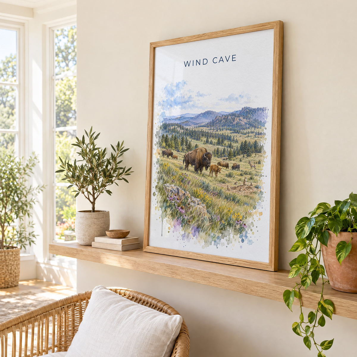 Wind Cave National Park watercolor print in an oak frame on a picture ledge in a sunlit sunroom