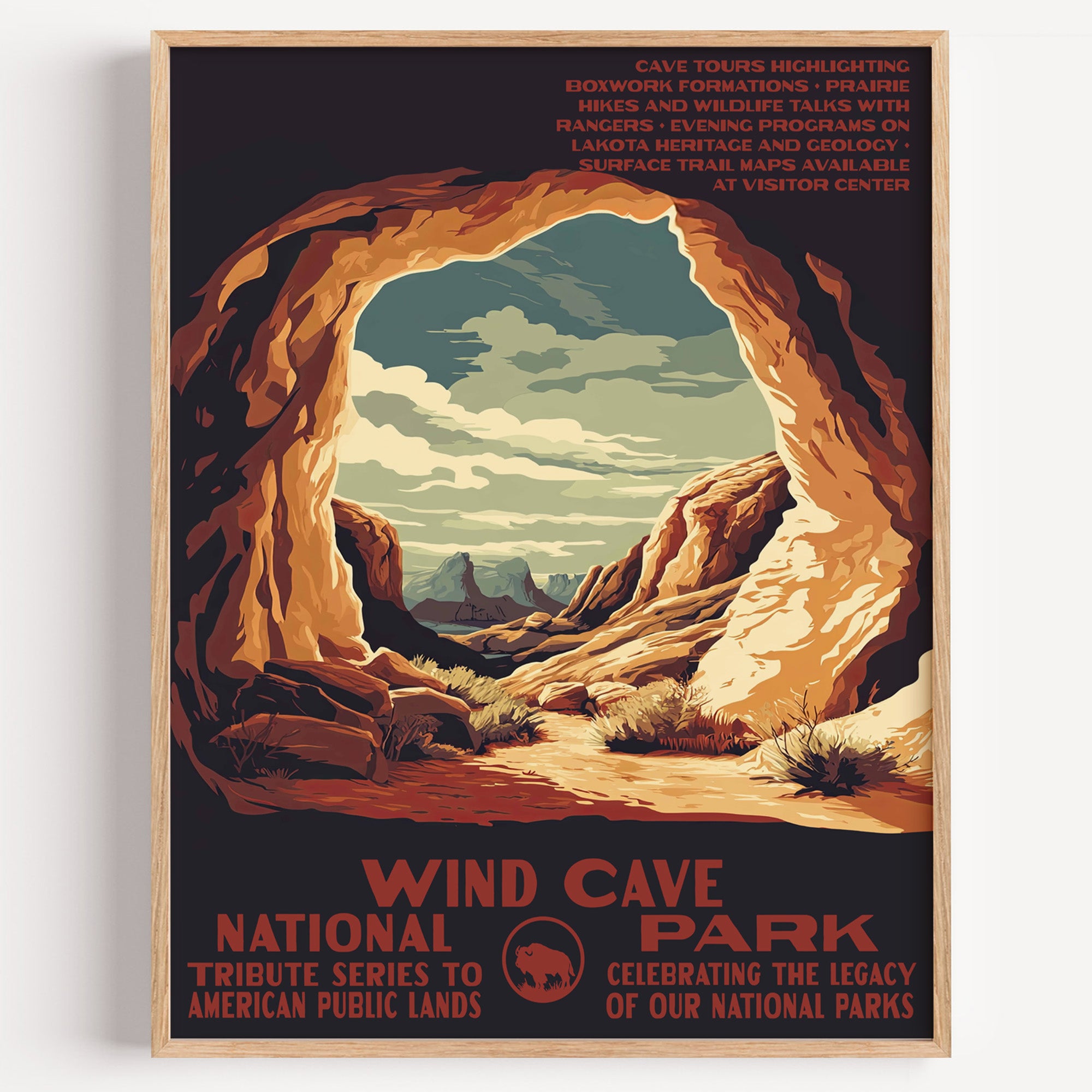 Wind Cave National Park wall art print in a thin wood frame, the cave entrance framing the sunlit prairie beyond