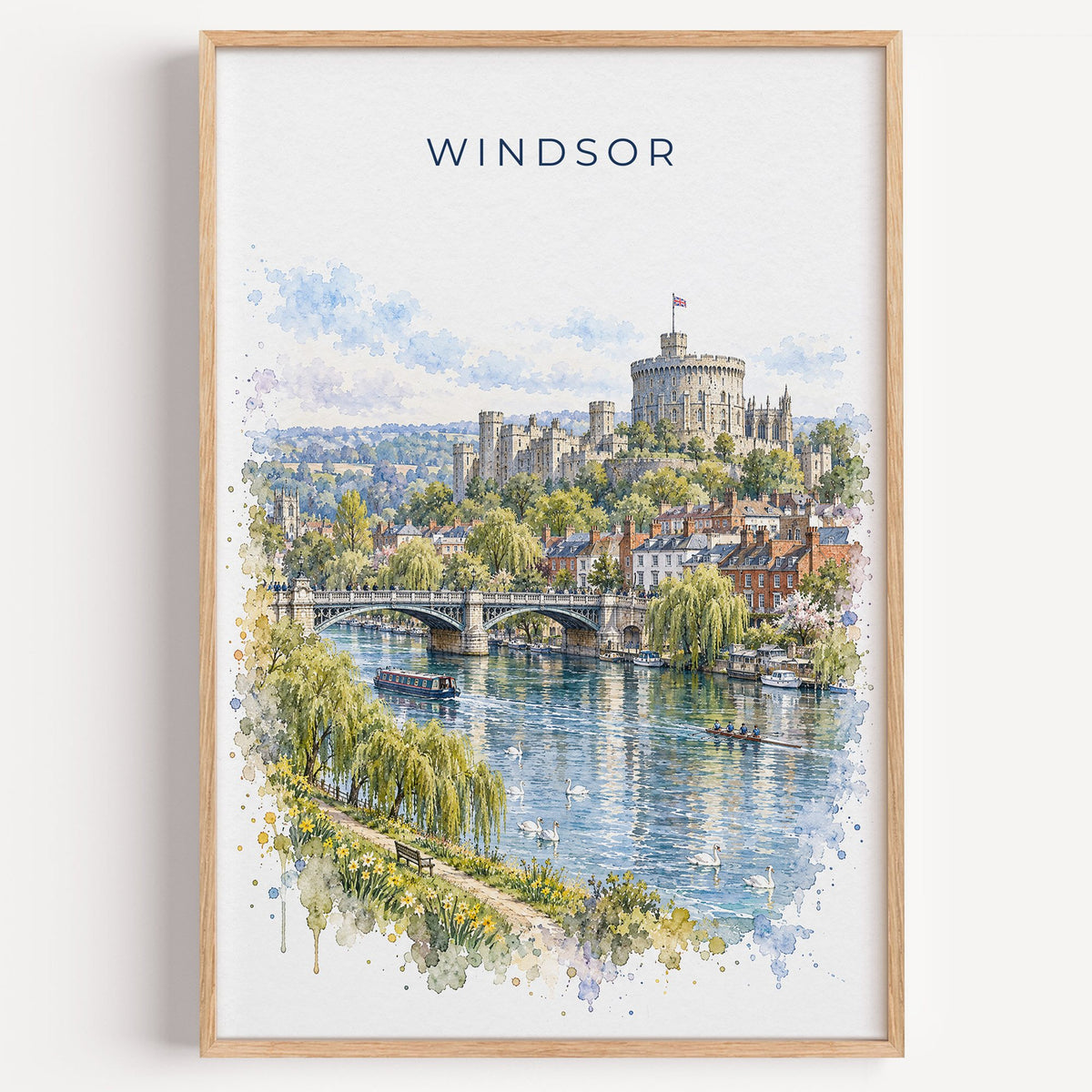 Windsor, England watercolor print in a light oak frame on a plain white wall
