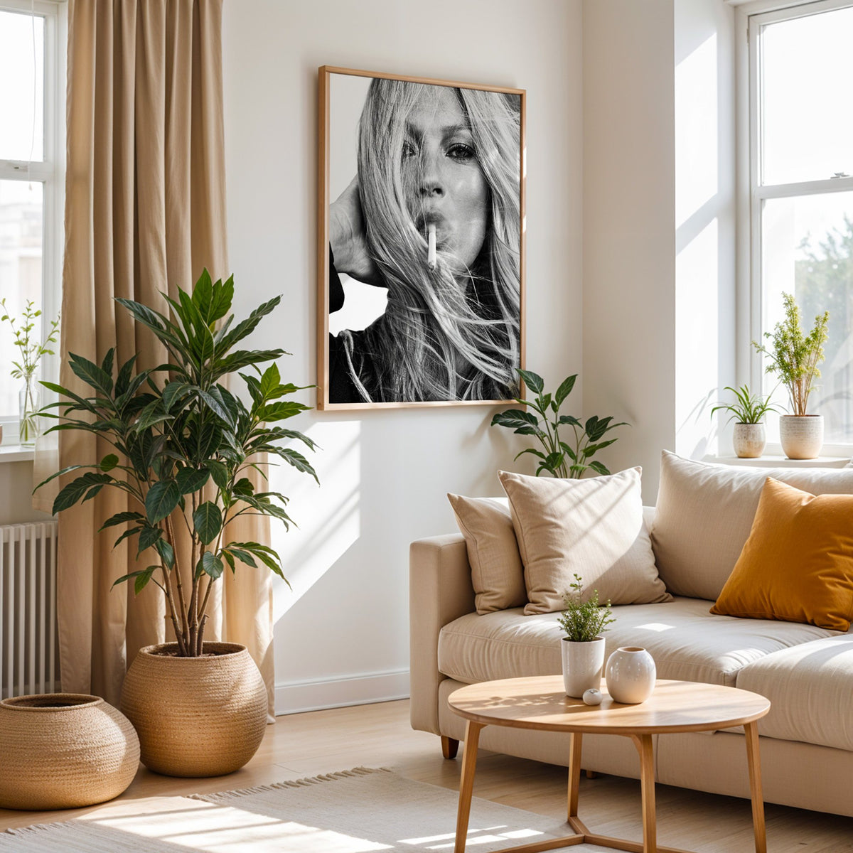 Woman with windswept hair across her face print in an oak frame above a cream sofa beside woven planters