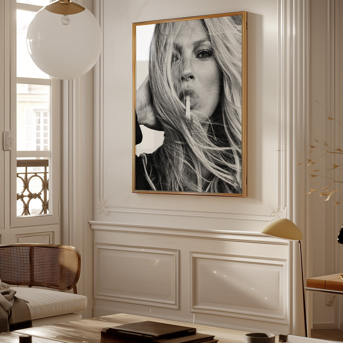 Woman with windswept hair across her face print shown in a gold frame in a Parisian paneled living room