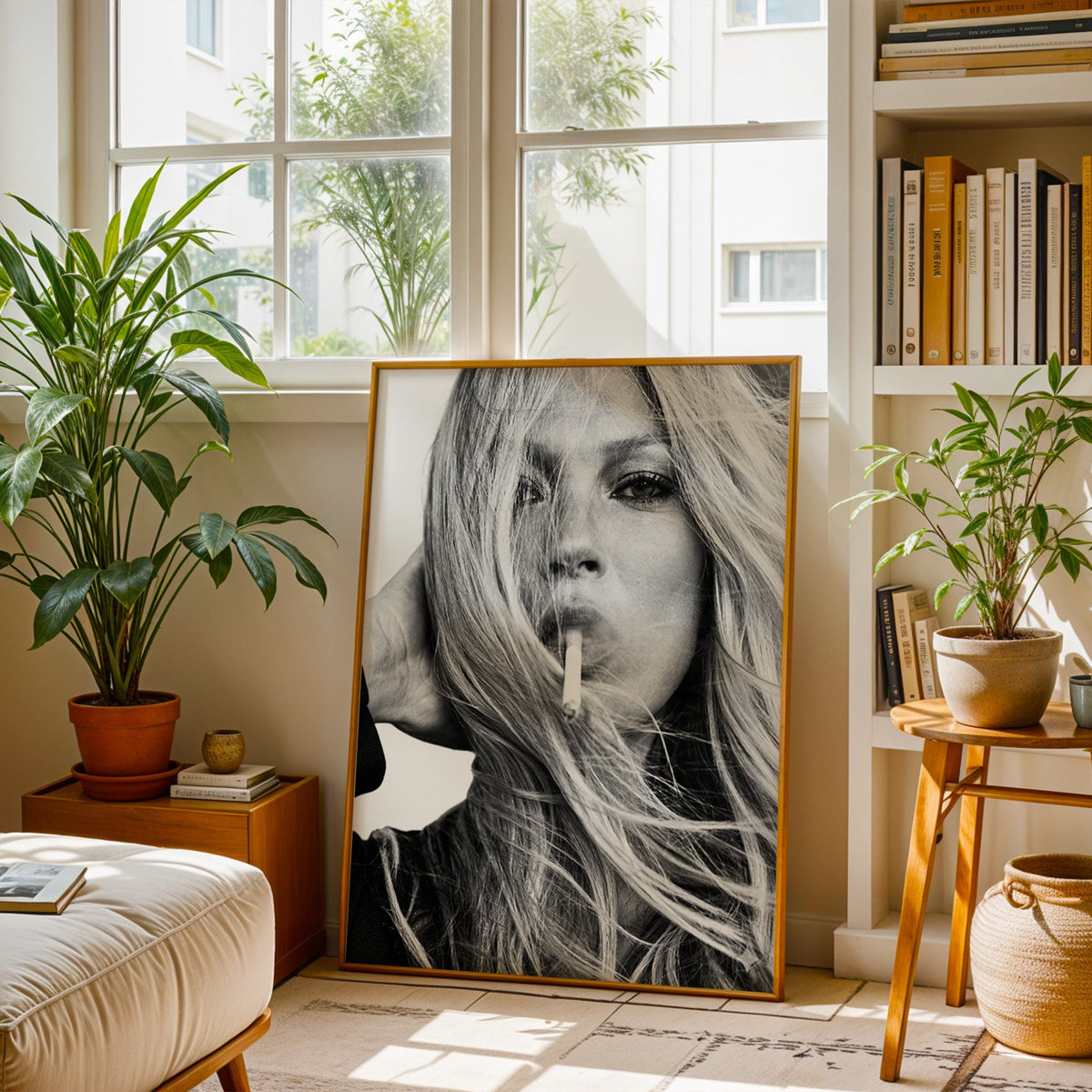Woman with windswept hair across her face print shown in a brass frame leaning on a sunlit living room floor