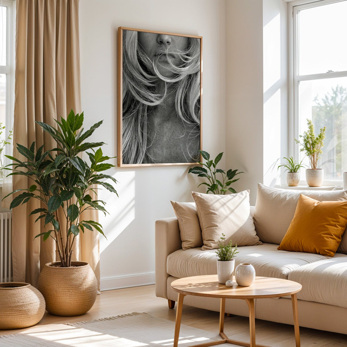Windswept blonde hair over lips closeup print in an oak frame above a cream sofa beside woven planters
