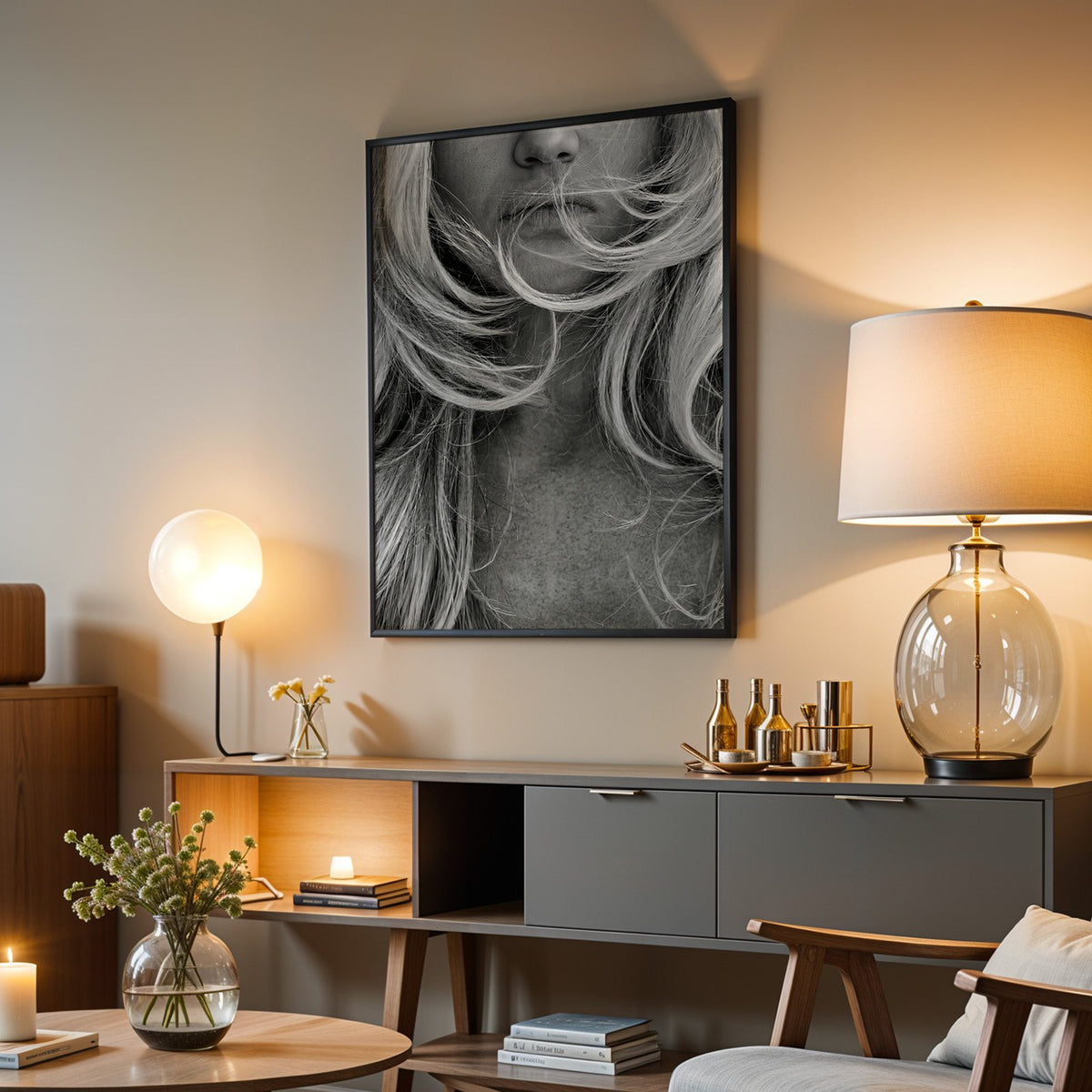 Windswept blonde hair over lips closeup print in a black frame above a grey media console with a glass table lamp