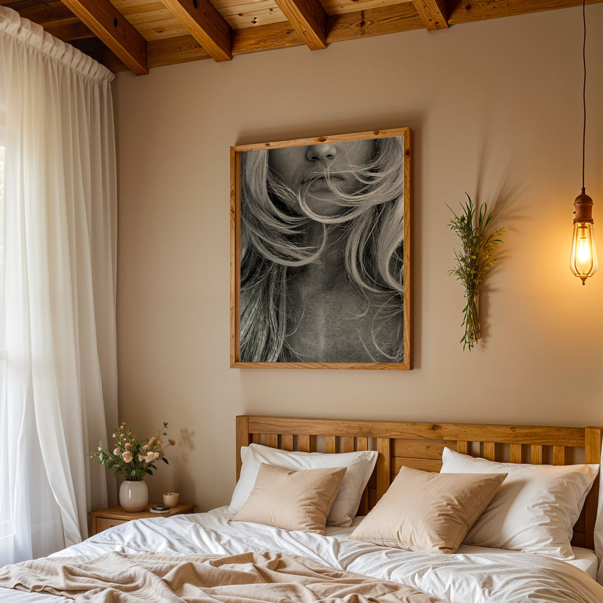 Windswept blonde hair over lips closeup print in a pine frame above a wood headboard bed under a pendant bulb