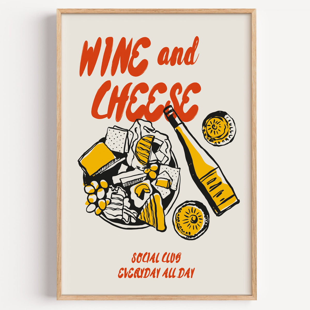 Wine and Cheese board poster in an oak frame on a plain white wall