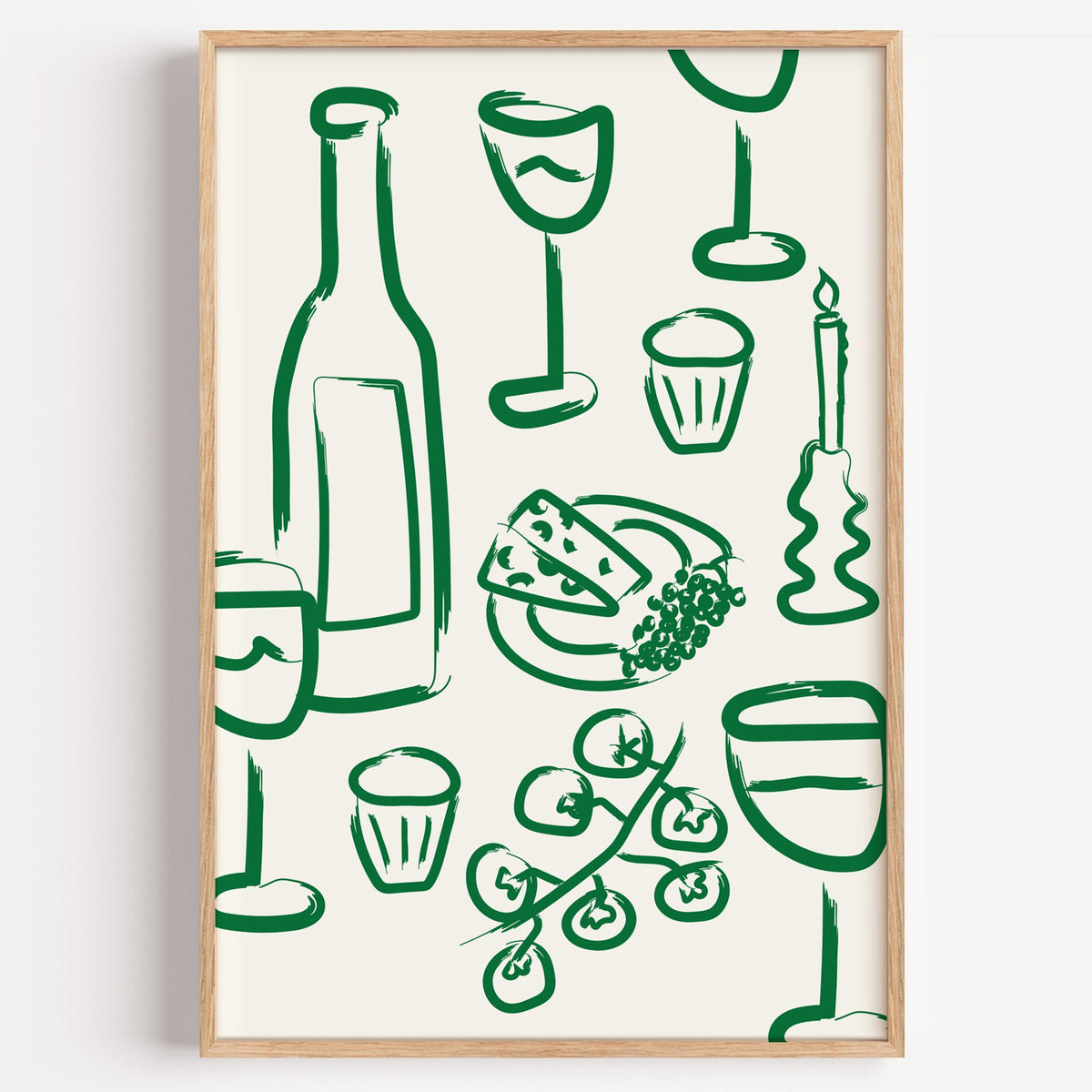 Wine and cheese green pattern print in a light oak frame on a plain white wall