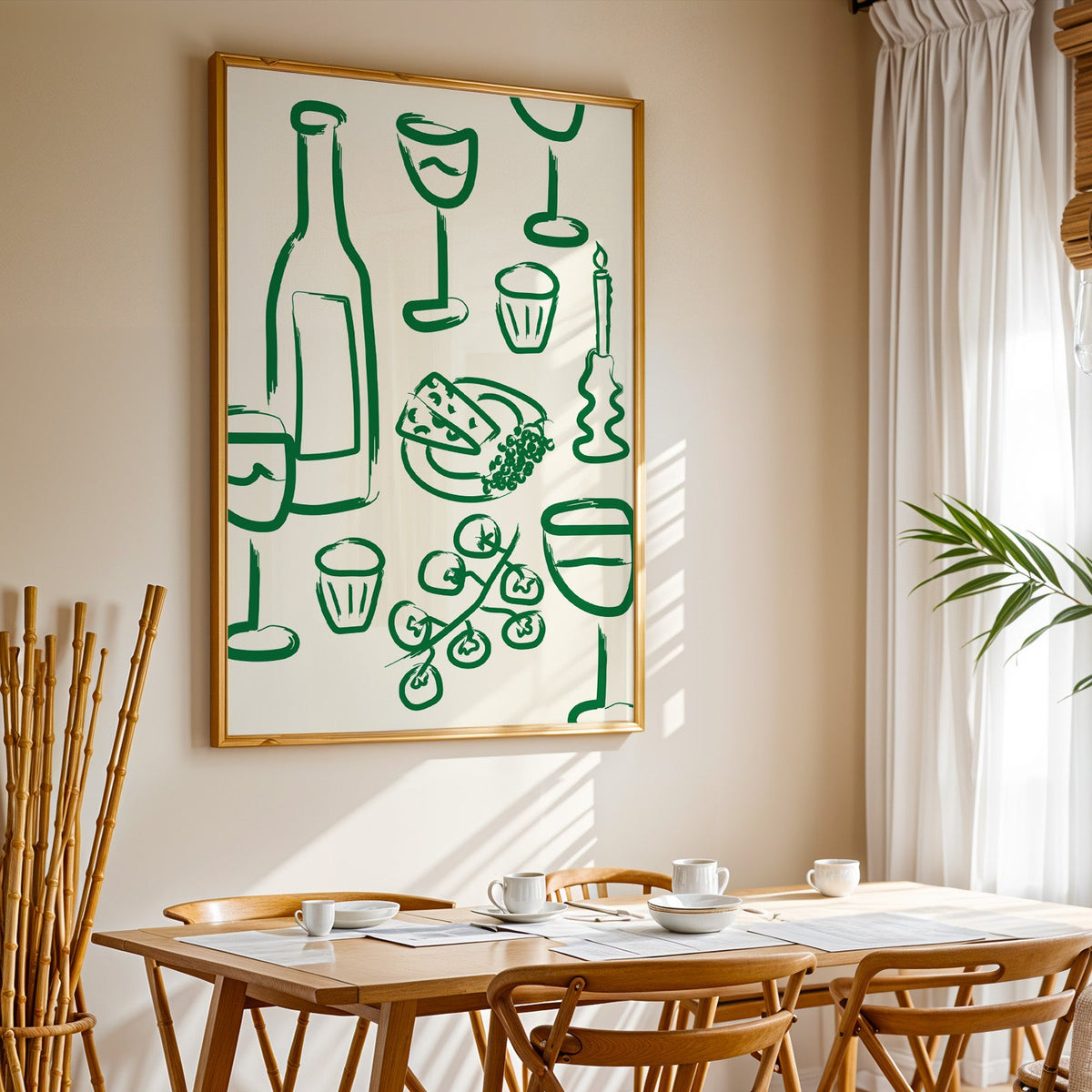 Wine and cheese green pattern print in a gold frame above a sunlit breakfast table