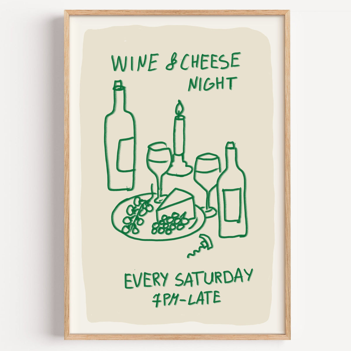 Wine and cheese night print in a light oak frame on a plain white wall