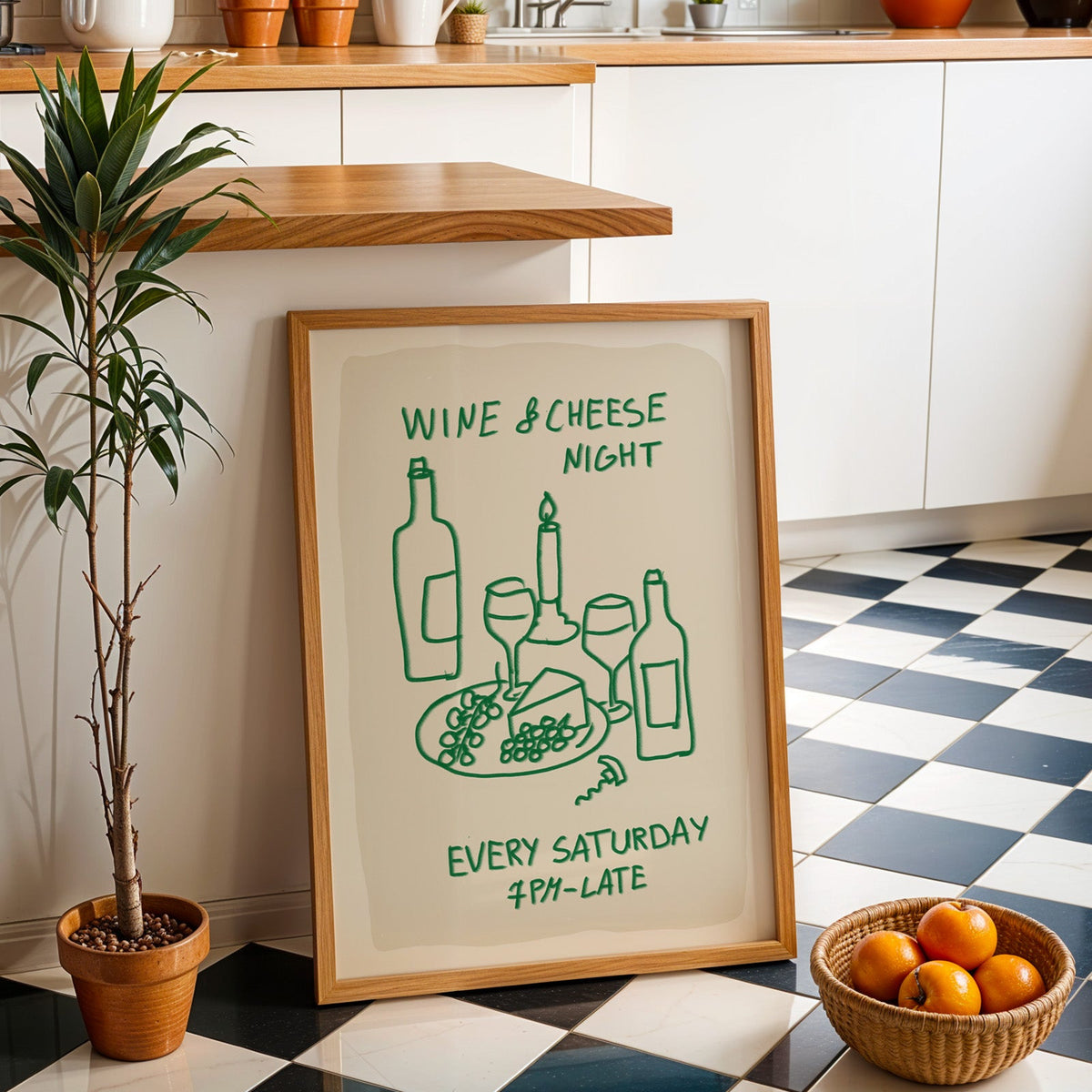 Wine and cheese night print in an oak frame by a kitchen island