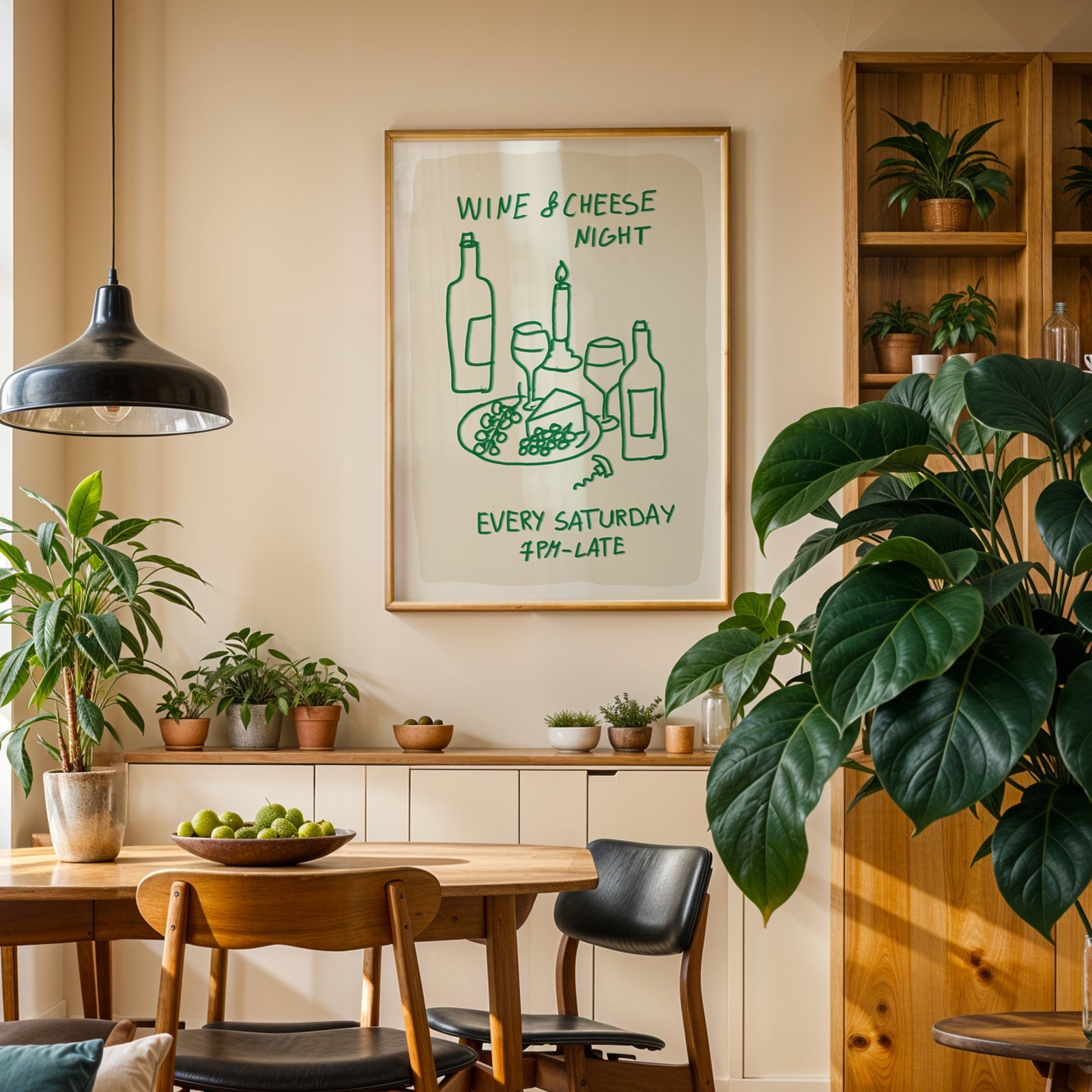 Wine and cheese night print in an oak frame above a sideboard in a dining room