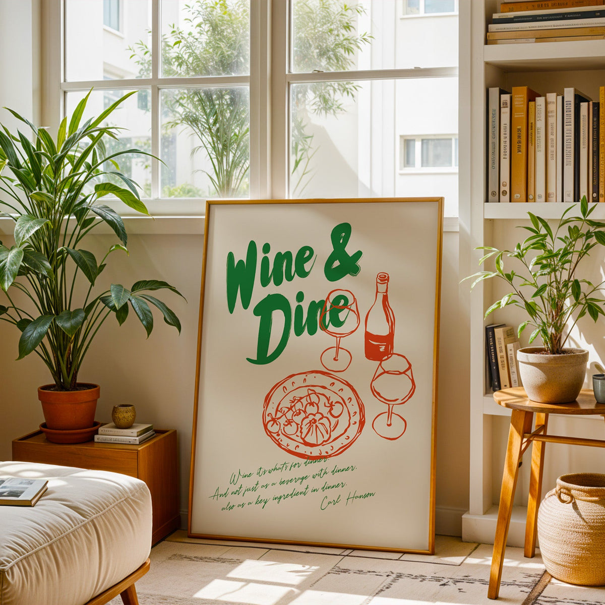 Wine and Dine pizza print in a brass frame resting on a berber rug in a living room
