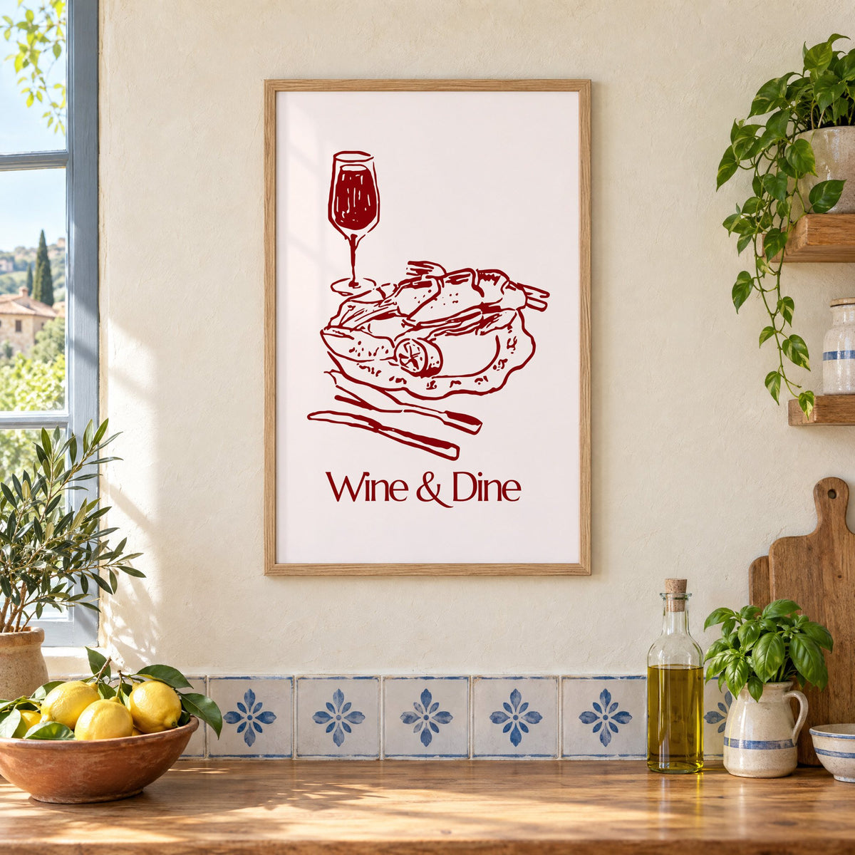 Wine & Dine roast plate burgundy sketch print in an oak frame on a cream plaster wall above a worktop with a bowl of lemons and blue-and-white tiles