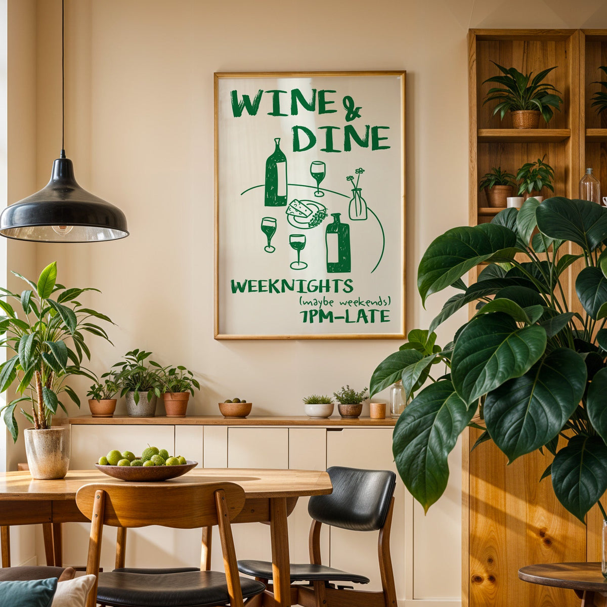 Wine and dine table print in an oak frame above a sideboard in a dining room
