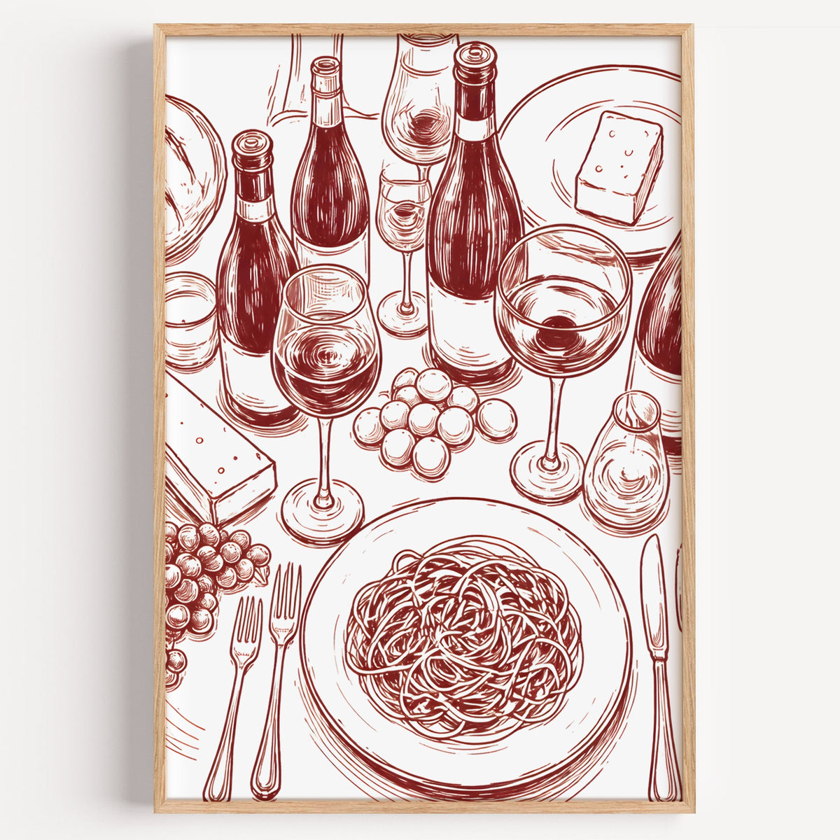 Wine and pasta table line print in a light oak frame on a plain white wall