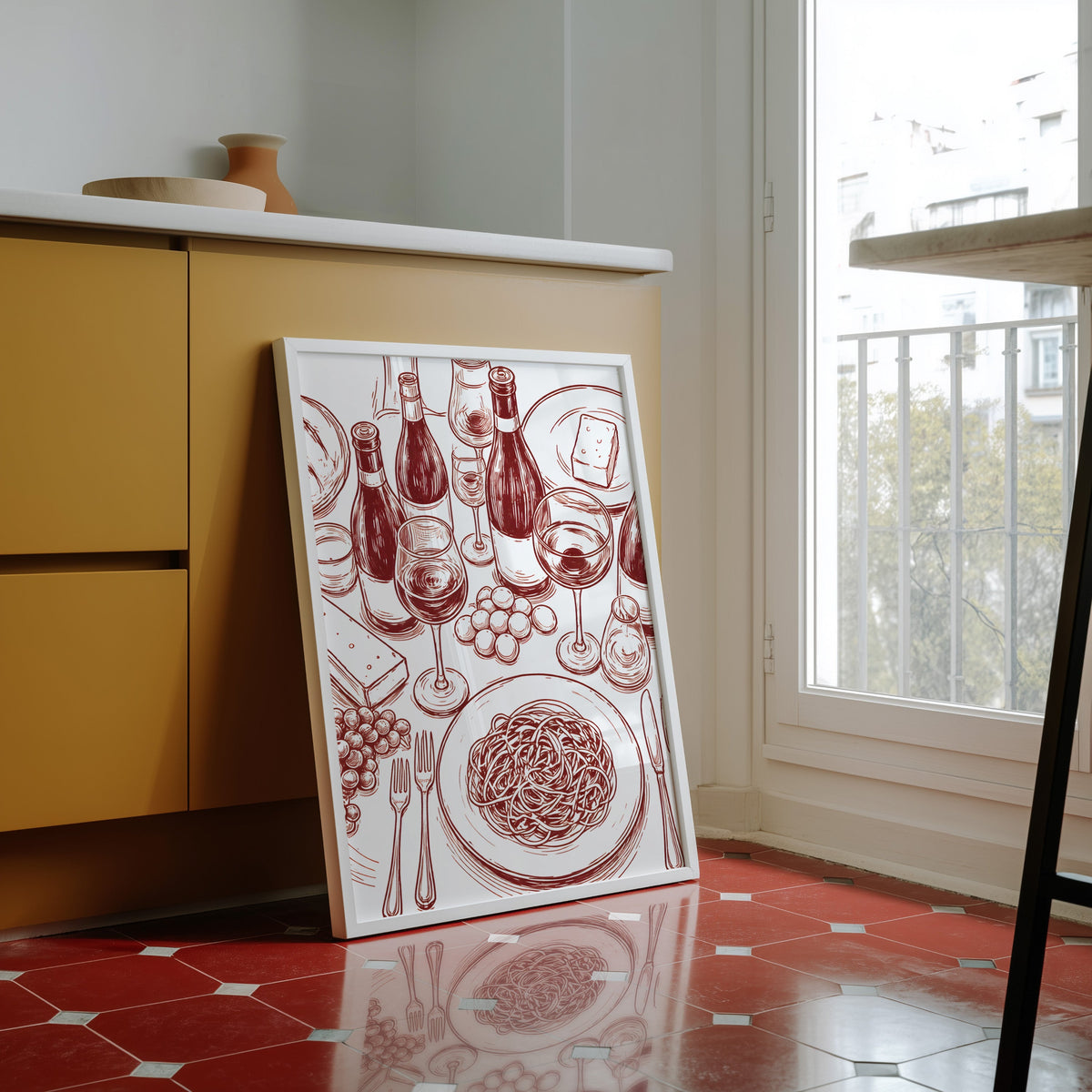 Wine and pasta print in a white frame against yellow cabinets on a red tiled floor
