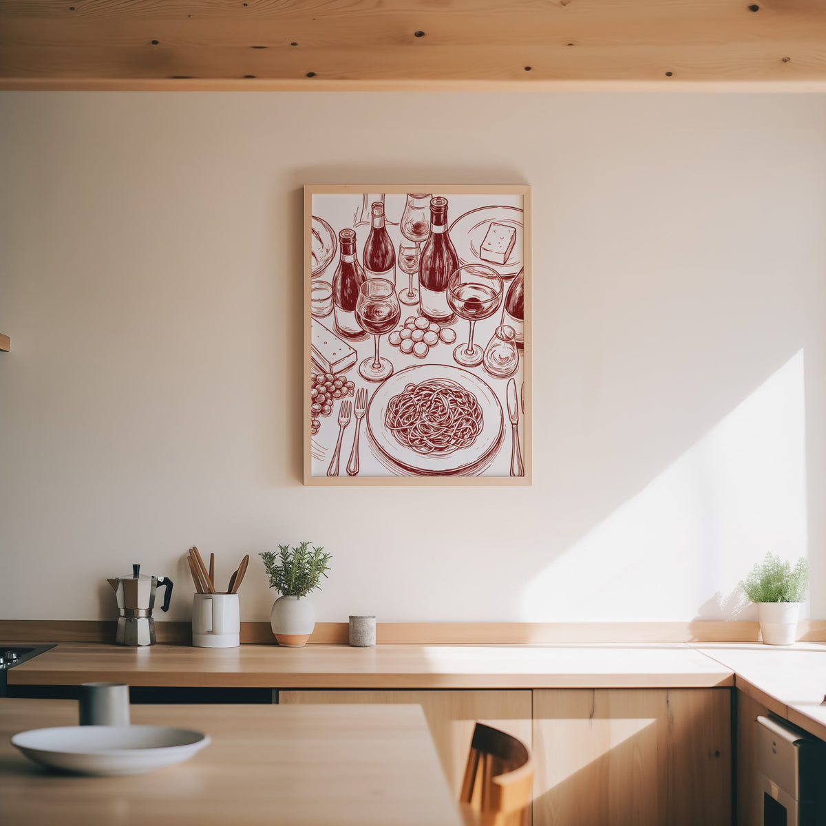 Wine and pasta print in an oak frame above a wood counter with a moka pot and herbs