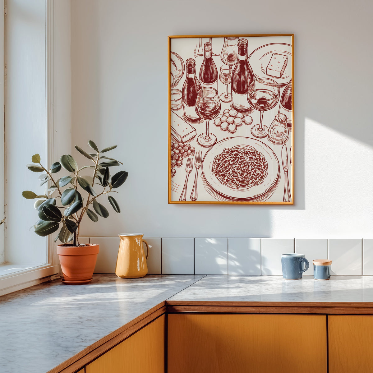 Wine and pasta print shown in a gold frame above a marble counter with a yellow ceramic jug