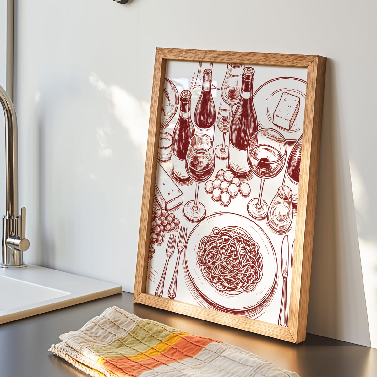 Wine and pasta print in an oak frame by the kitchen sink beside a striped tea towel
