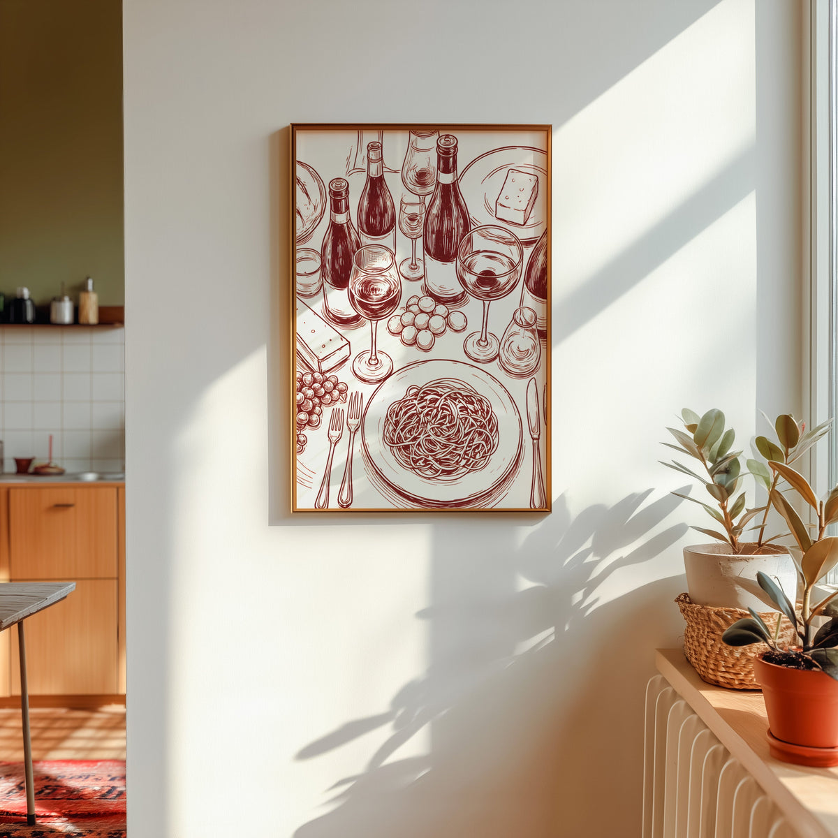 Wine and pasta print shown in a gold frame in sunlight with plants and a kitchen beyond