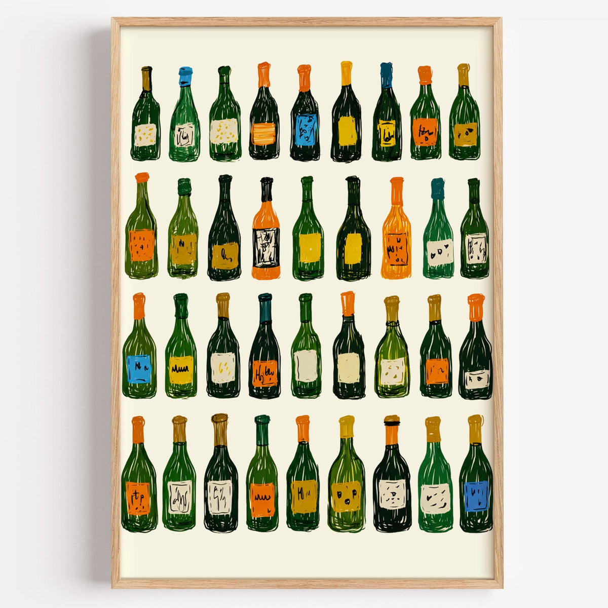 Wine bottle grid print in a light oak frame on a plain white wall